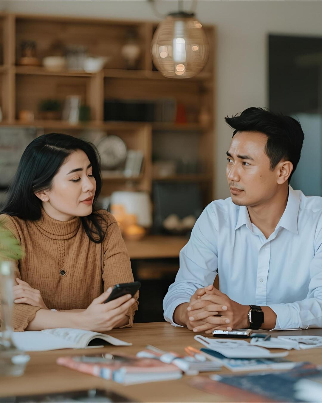 A couple discussing finances at a dining table A couple discussing finances at a dining table